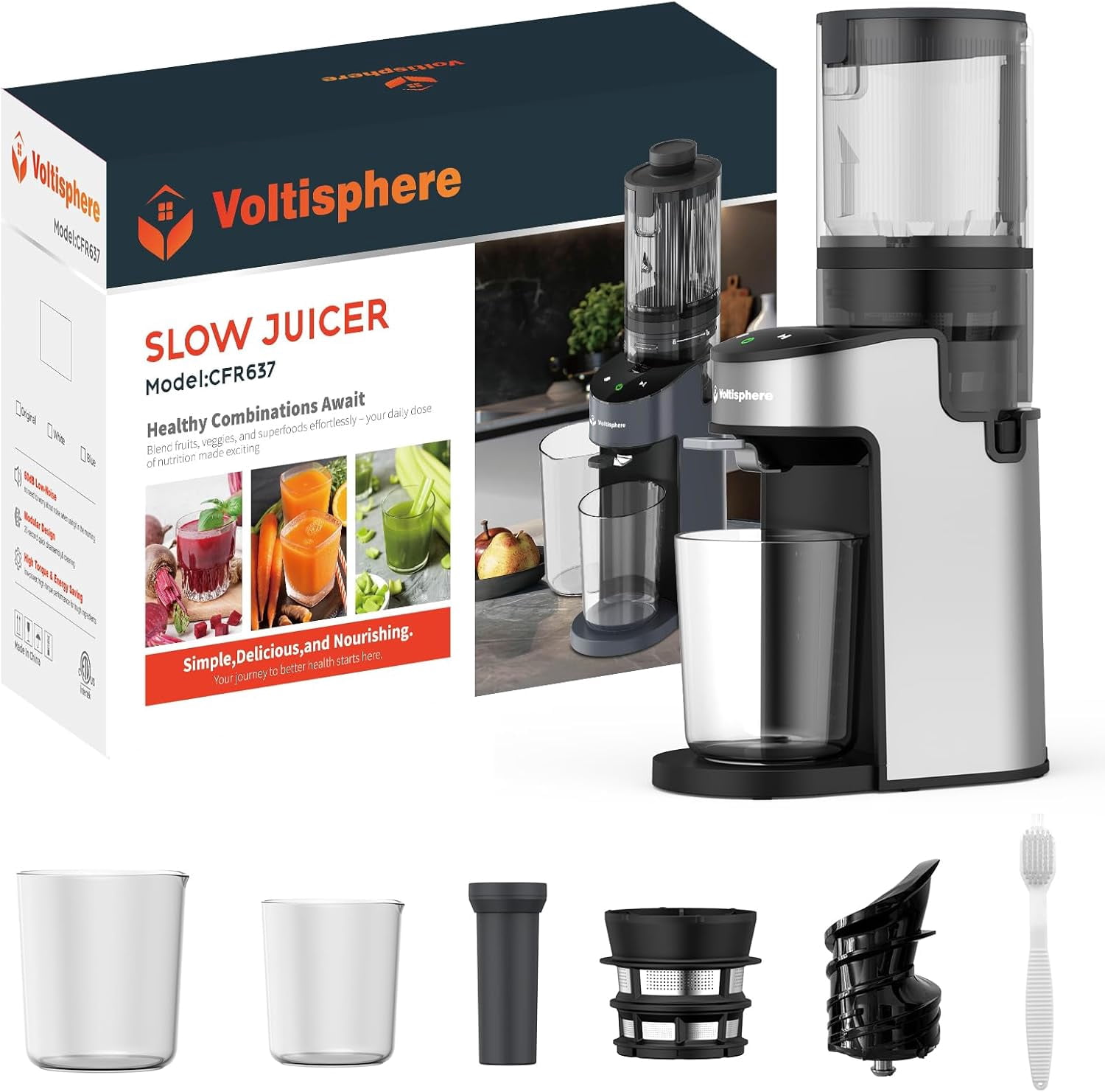 CFR637 Cold Press Juicer , 400W Slow Masticating Juicer with Wide Feed Chute for Whole Fruits and Vegetables, Easy to Clean Silver