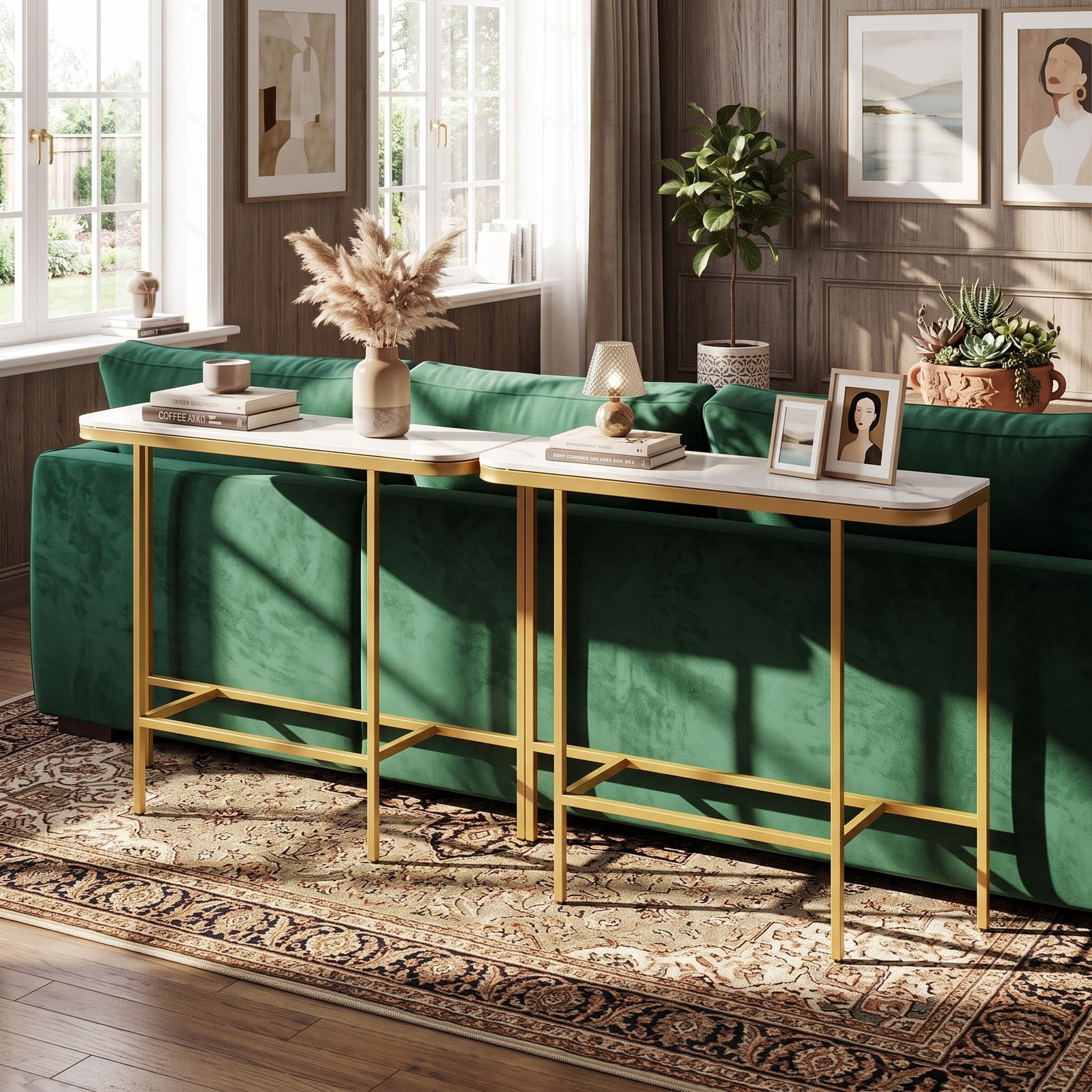 Furnibear 44 Inch Console Table with Faux Marble Tabletop and Heavy-Duty Metal Frame for Entryway and Living Room, White and Gold