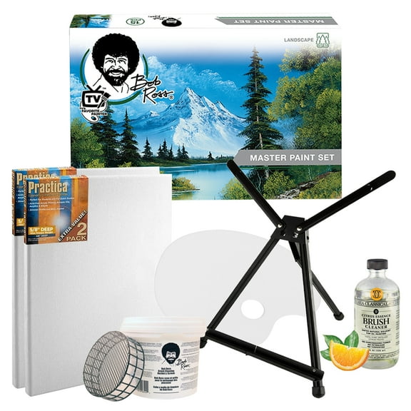 Bob Ross Master Paint Set Artist Bundle 6 Items with Travel Easel, Pre Stretched Painting Canvas, 8oz Natural Brush Cleaner, Clear Acrylic Palette, and Cleaning Bucket & Screen