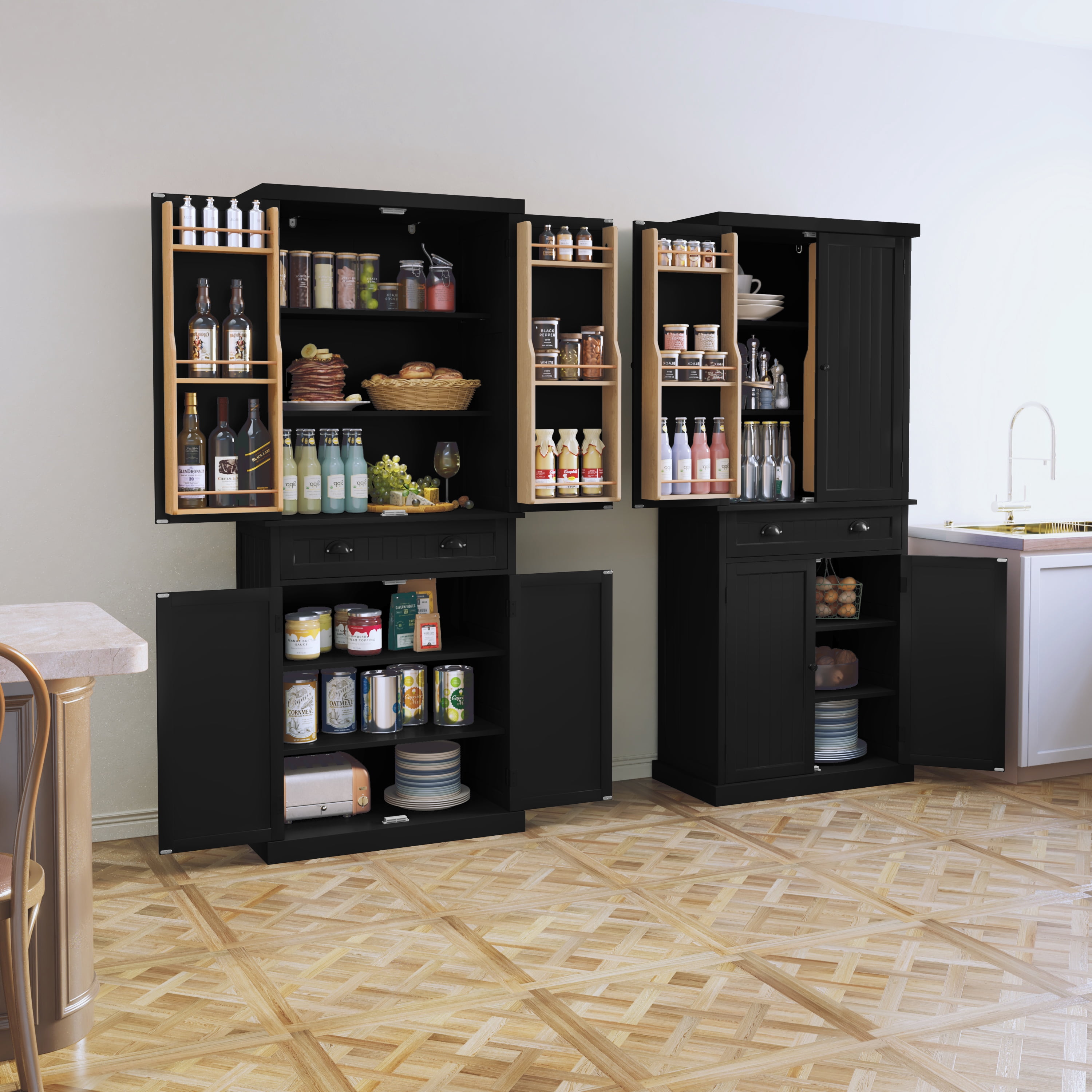 HLR 72" Utility Pantry Storage Cabinet, Tall Cupboard with Door Shelves and Drawer for Kitchen, Black