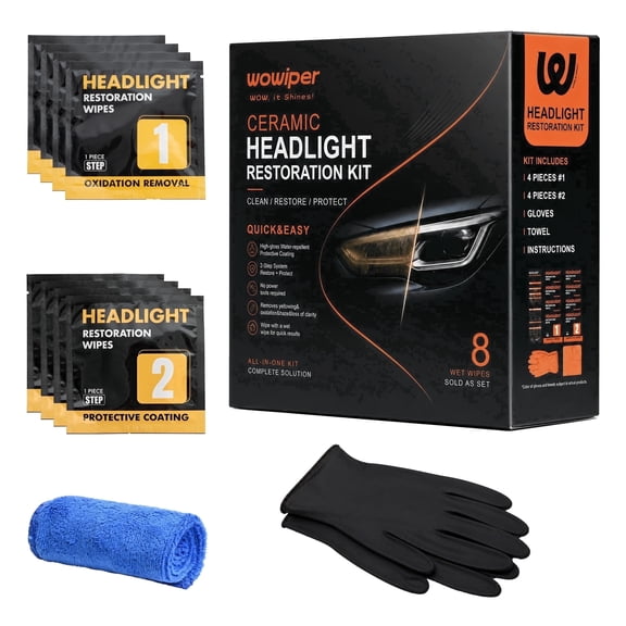 WOWIPER Ceramic Headlight Restoration Wipes Kit, 2-Step Cleaner & Ceramic Protection, No Sanding, Removes Haze & Yellowing, Improves Clarity (8 Wipes)