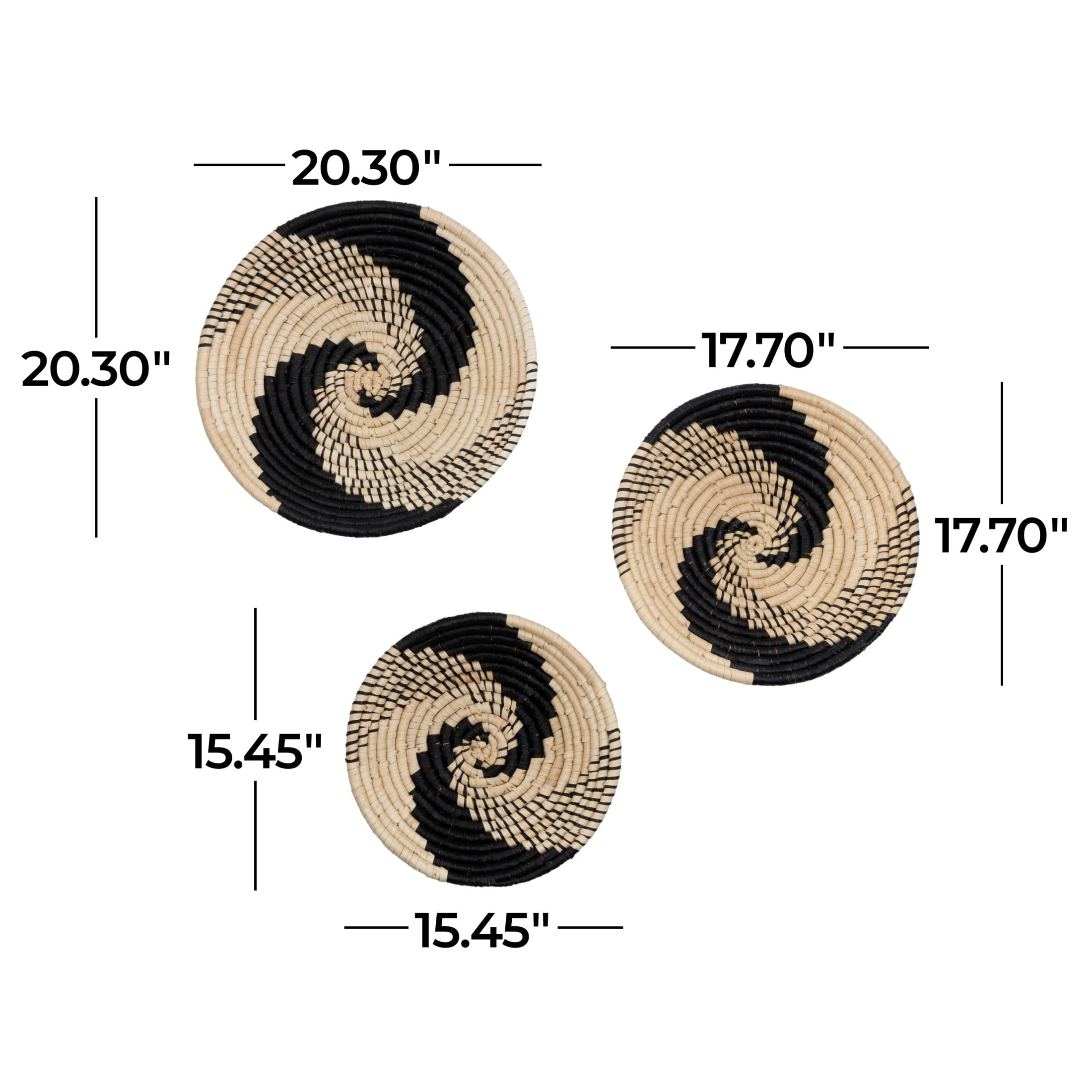 DecMode Black Seagrass Handmade Spiral Basket Plate Wall Decor (3 Count)