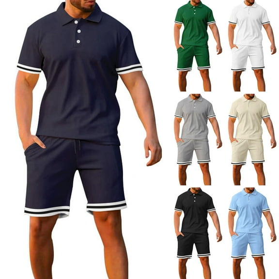 CHUMUD Men's 2 Piece Sets Half Button Short Sleeve Collared Shirts and Drawstring Eastic Waisted Shorts Set Athletic Set Basketball Football Training Running Gym Texture Summer Trendy Casual Outfits
