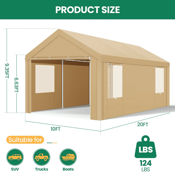 COBIZI Carports 10x20 Heavy Duty Car Canopy Garage with Removable Sidewalls & Doors, Galvanized Frame Portable Carport Canopy with Built-in Sandbags & All-Season Tarp for Car Boat Truck, Gray