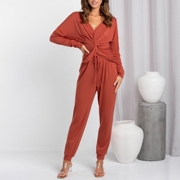 Conjunto de pantalones con cuello en V hombros caídos conjunto de 2 piezas con cintura elástica pantalones con puños ceñidos conjunto de moda para vacaciones para mujeres ANGGREK Otros