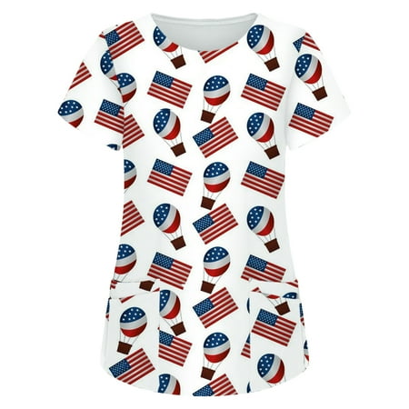 

Cotonie Stretch Scrub Top for Women Mock Wrap Nursing Shirt Women Short Sleeve Working Uniform Independence Day Printed With Pocket