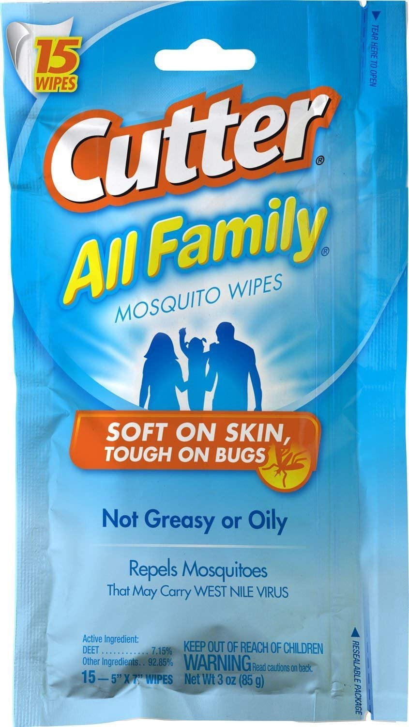 Cutter All Family Insect Repellent Wipes - 7.15% DEET, Mosquito Protection - 15 Count, 3 Pack