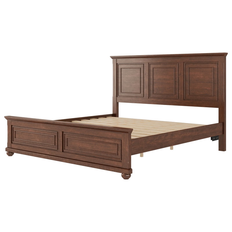 Mirightone King Size Farmhouse Bed Frame with Charging Station, Tall Headboard & Footboard, Solid Wood Platform Bed, No Box Spring Needed, Noise-Free,Walnut