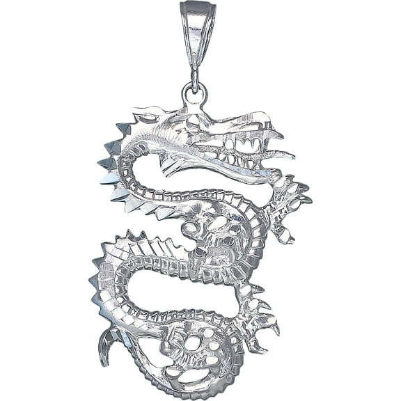 Sterling Silver Dragon Charm Pendant Necklace with Diamond Cut Finish and 24 Inch Figaro Chain