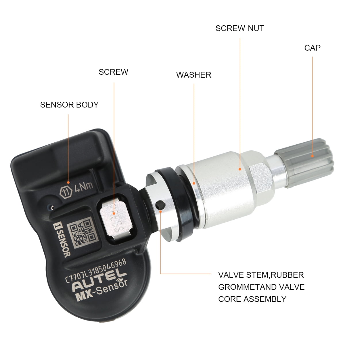 Autel MaxiTPMS MX Sensor 4pcs Metal Stem TPMS Sensor 315MHz/433MHz Universal Tire Replacement Sensor Work With TS401 TS408 TS501 TS508 TS601 TS608 MK808TS MX808TS MS906TS ITS600