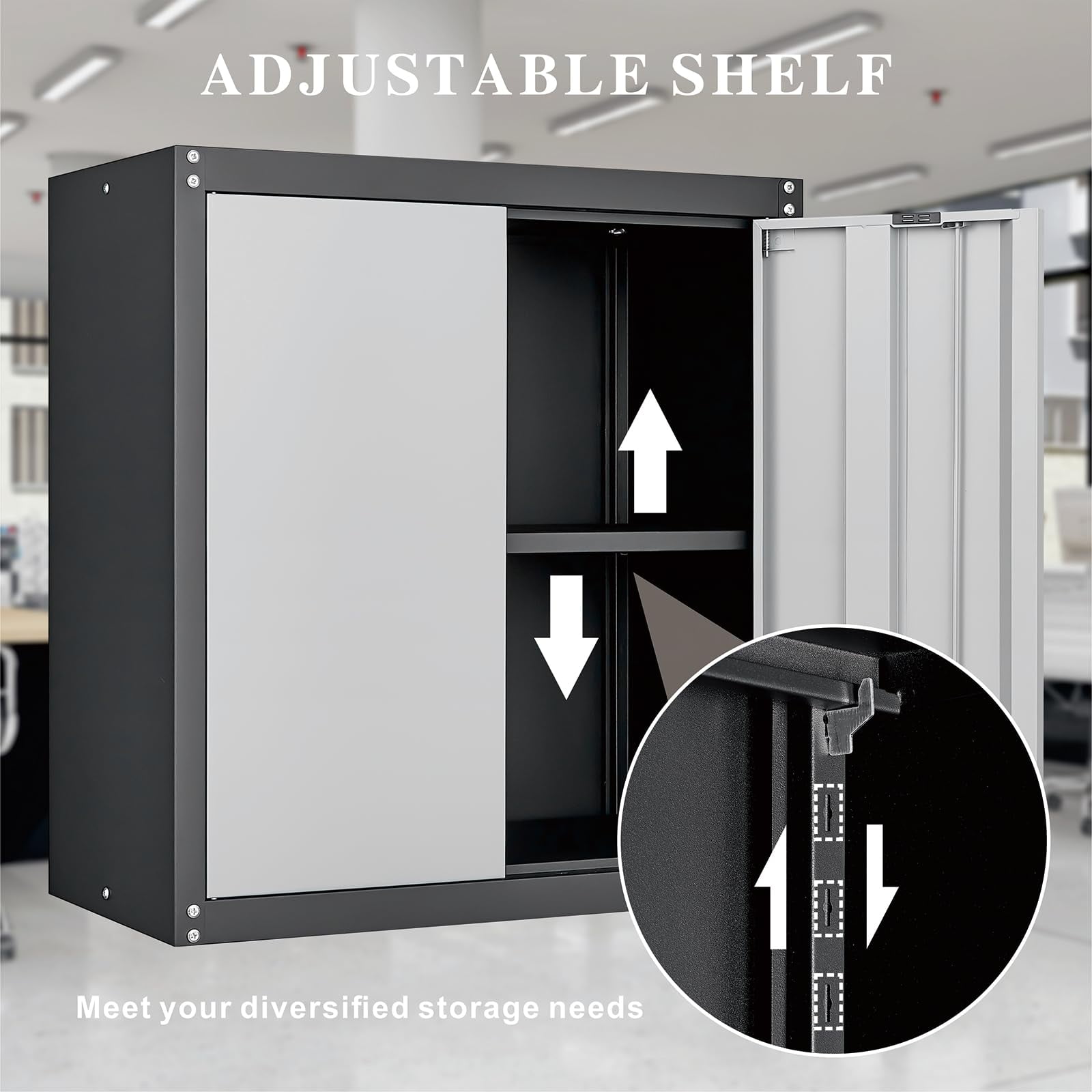 Marcree 28'' Metal Wall Garage Cabinet with Lock, Metal Garage Storage Cabinets with Adjustable Shelf and 2 Doors, Steel Cabinet for Garage, Office and Home，Grey&Black