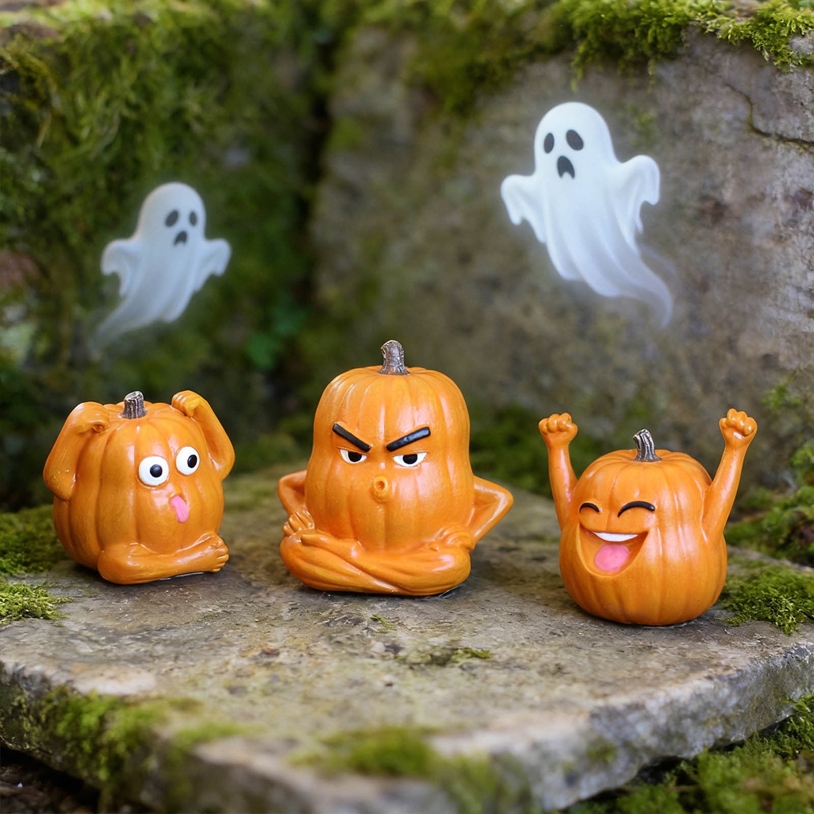 COM1950s Halloween Pumpkin Figurine Set Resin Pumpkin Decoration with Funny Faces Mini Fall Tabletop Decor for Home Office Shelf Party