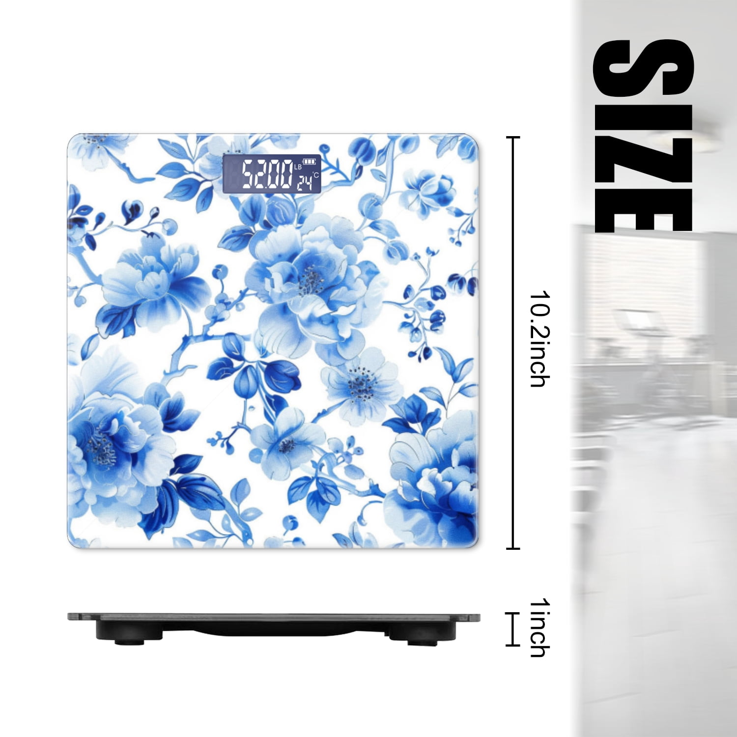 High Precision Body Weight Scale Smart Bathroom Scales with Large LCD Display(400lbs),Decorative for Bedroom-Blue And White Porcelain Pattern Peony Flowers