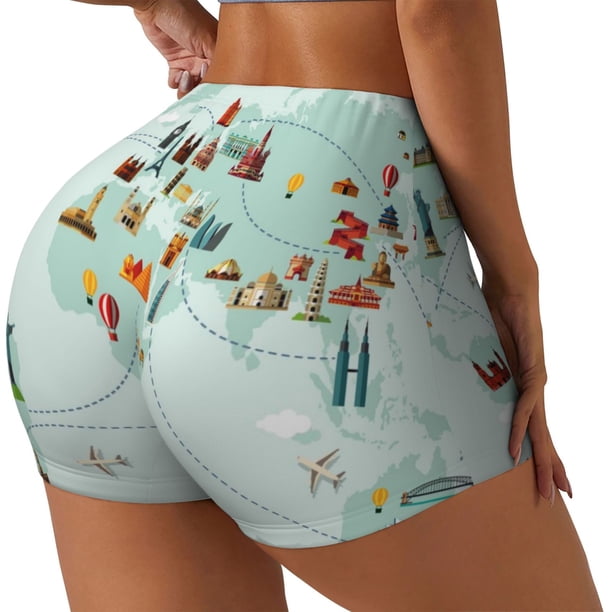 Fotbe World Travel Map Shorts Sin Costuras – Shorts Deportivos de Cintura Alta para Mujer, Elásticos para Gimnasio, Yoga, Running o Ciclismo-Medium