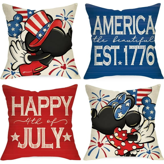 Happy 4th of July Patriotic Decorative Throw Pillow Covers 18 x 18 Set of 4, Cartoon Mouse America The Beautiful EST. 1776 Cushion Case Decor, Red Blue Firework American USA Home Decoration