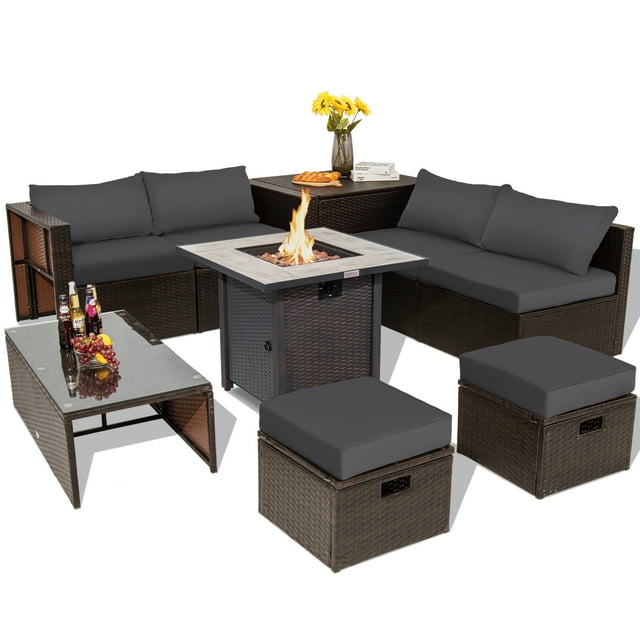 Topbuy 9 Pieces Outdoor Patio Furniture Set with 30" Propane Fire Pit Table Outdoor PE Wicker Space-Saving Sectional Sofa Set with Storage Box and Cushions Gray