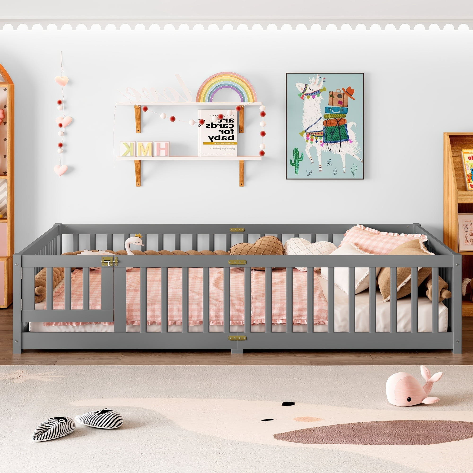 Queen Size Montessori Floor Bed with Rails, Wood Kids Floor Bed with Door and Slats Support, Toddler Bed Montessori Bed for Boys Girls, No Box Spring Needed Design