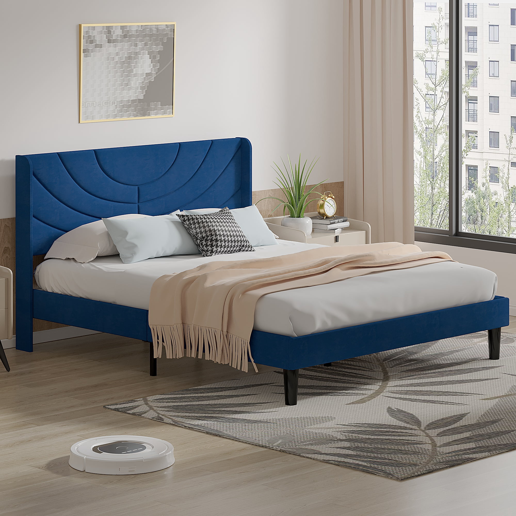 Javlergo Queen Bed Frame, Upholstered Platform Bed Frame with Headboard and Strong Wooden Slats, Non-Slip and Noise-Free,No Box Spring Needed, Easy Assembly, Queen Size Bed Frame, Dark Blue
