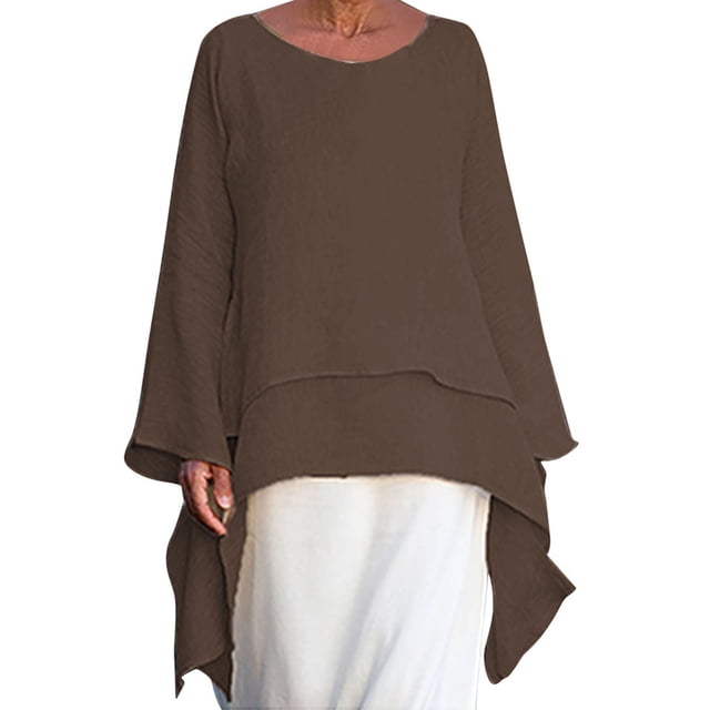 cfhntfmh Hauts Grande Taille pour Femmes Mode Ourlet Haut-Bas Col Rond Chemises Amples Manches Longues Blouses