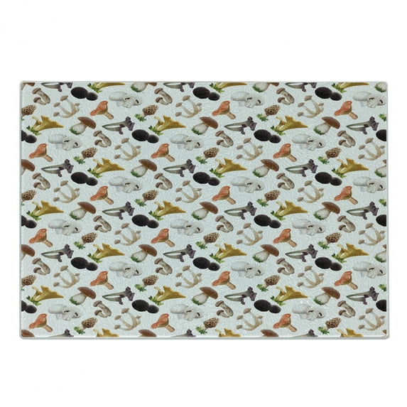 Mushroom Cutting Board, Realistic Style Various Kinds of Fresh Toadstools Truffles Natural Lifestyle Cook, Decorative Tempered Glass Cutting and Serving Board, Small Size, Multicolor, by Ambesonne