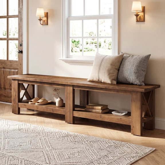 Finmind 70.87" Solid Wood Entryway Shoe Bench, Extra Long Farmhouse Entryway Bench with Storage for Hallway, End of Bed
