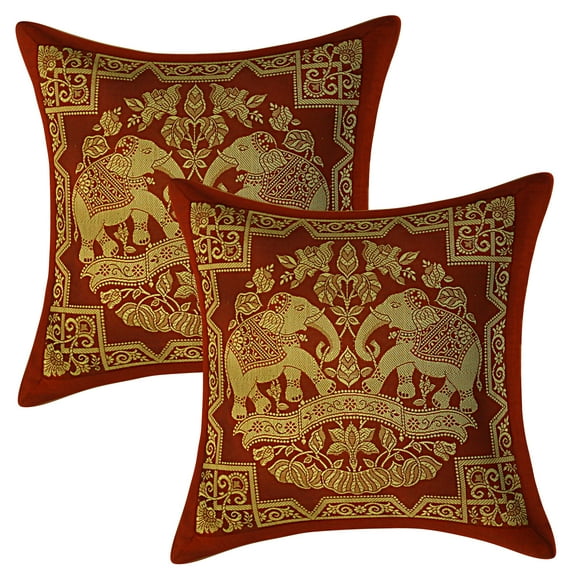Stylo Culture Ethnic Couch Brocade Burgundy Maroon And Gold Throw Pillow Covers 12x12 Jacquard Weave Banarsi Christmas Decorative Pillow Covers Elephant Floral 30x30 cm Cushion Covers (Set Of 2)