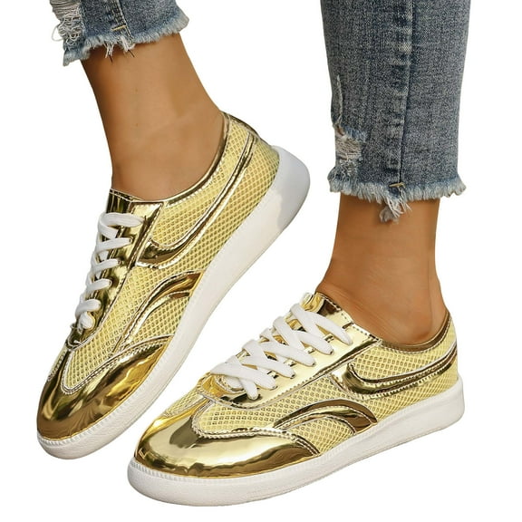Metallic Mesh Low Top Fashion Sneakers for Women Glitter Breathable Lace up Walking Flats Casual Shoes