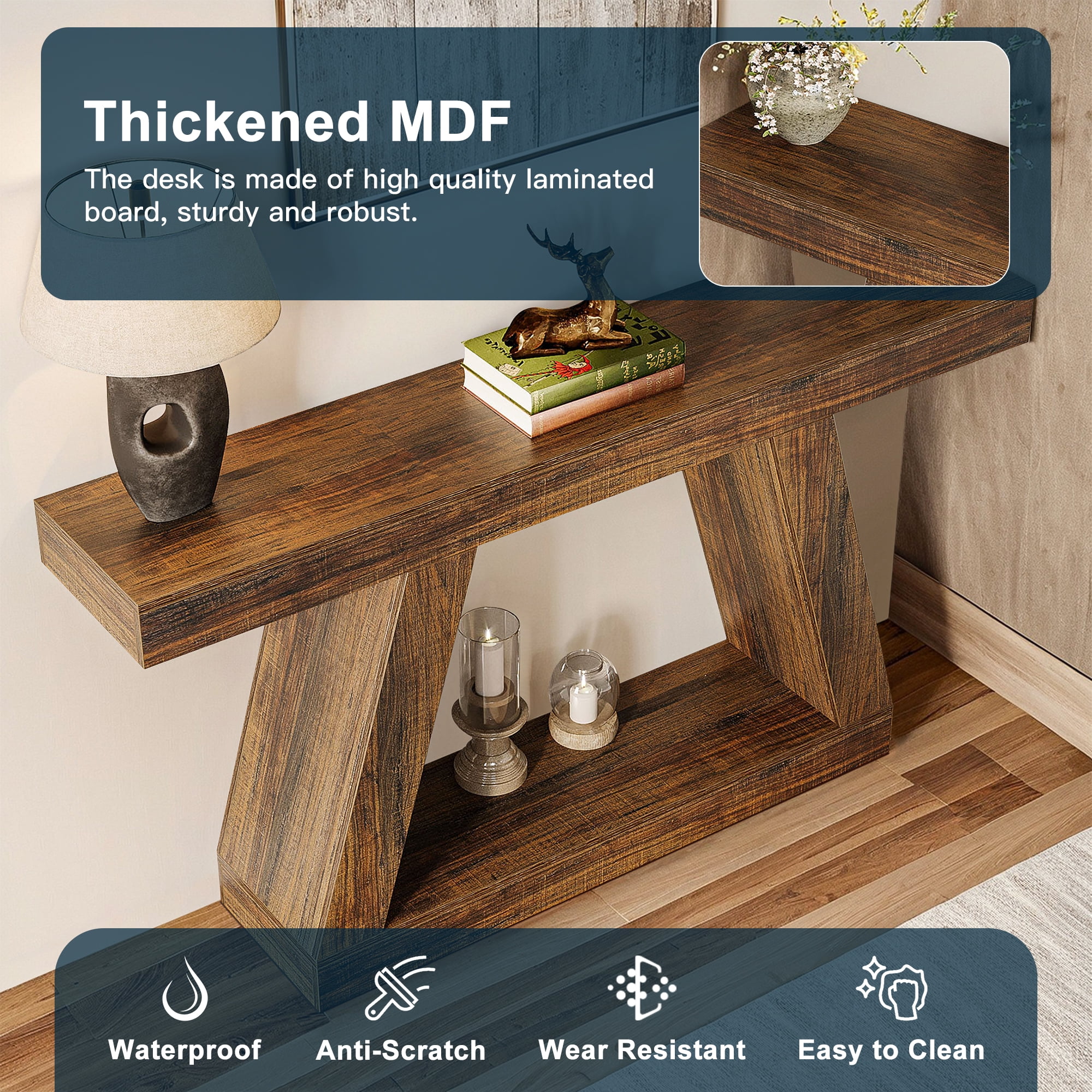 Demi Bonn Farmhouse Console Table, 55" Sofa Table with Storage for Hallway, Bedroom, Living Room, Brown