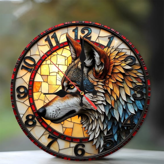 Stained Glass Wolf Wall Clock Decorative Art 10-Inch Silent Wooden Wall Clock, Battery Operated (AA Batteries Not Included), Artistic Home Decor