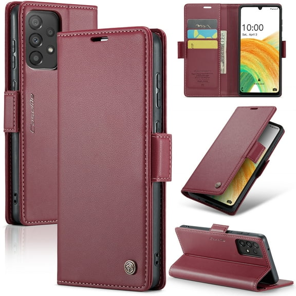 ELEHOLD Wallet Case For Samsung Galaxy A33 5G,Premium Leather Case wih RFID Blocking Function Card Slots Kickstand Magnetic Clasp Shockproof Cover for Men Women,Wine