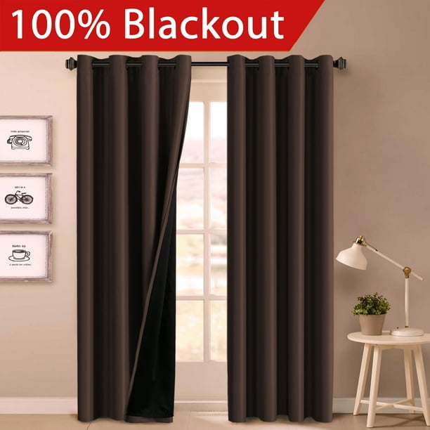 Flamingop Full Blackout Brown Curtains Faux Silk Satin With Black Liner Thermal Insulated Window Treatment Panels Grommet Top 52 X 84 Inch Set Of 2 Com Blackout Brown Curtains Faux Silk Satin, Black And Brown Curtains