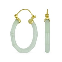 Bling Jewelry Womens Light Green Jade Gemstone Bamboo CZ Hoop Earrings 14K Gold Plated Silver 1.2"