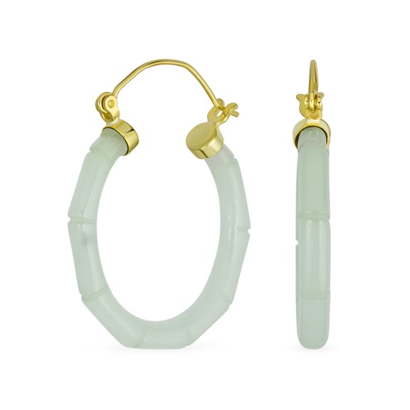 Bling Jewelry Womens Light Green Jade Gemstone Bamboo CZ Hoop Earrings 14K Gold Plated Silver 1.2"