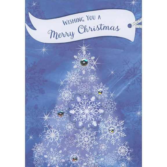 Designer Greetings 3D Curving Banner, 3D Snowflake, Snowflake Tree and Silver Ribbon on Dark Blue Hand Decorated Christmas Card