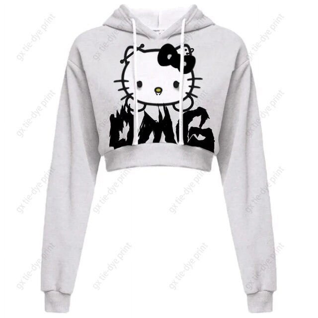 Chandail à Capuchon Imprimé Hello Kitty pour Femmes, Hauts Courts, Kawaii, Imprimé, Harajuku, Court, Col Rond, Femme, Harajuku