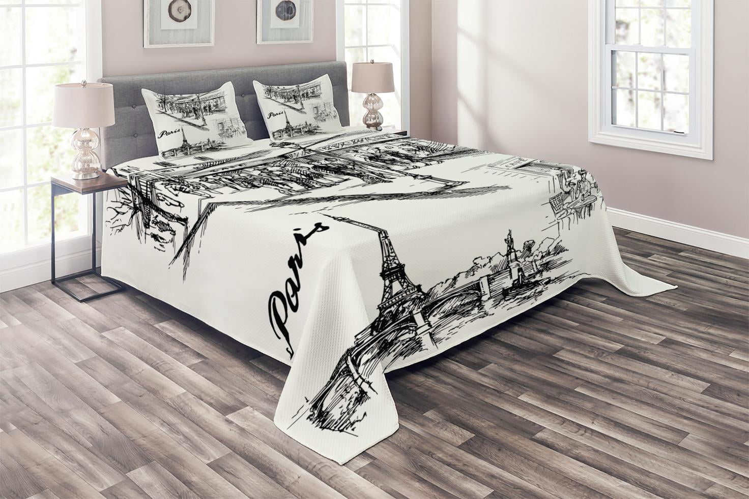 Paris Landmark Print Eiffel Tower Quilted Bedspread /& Pillow Shams Set