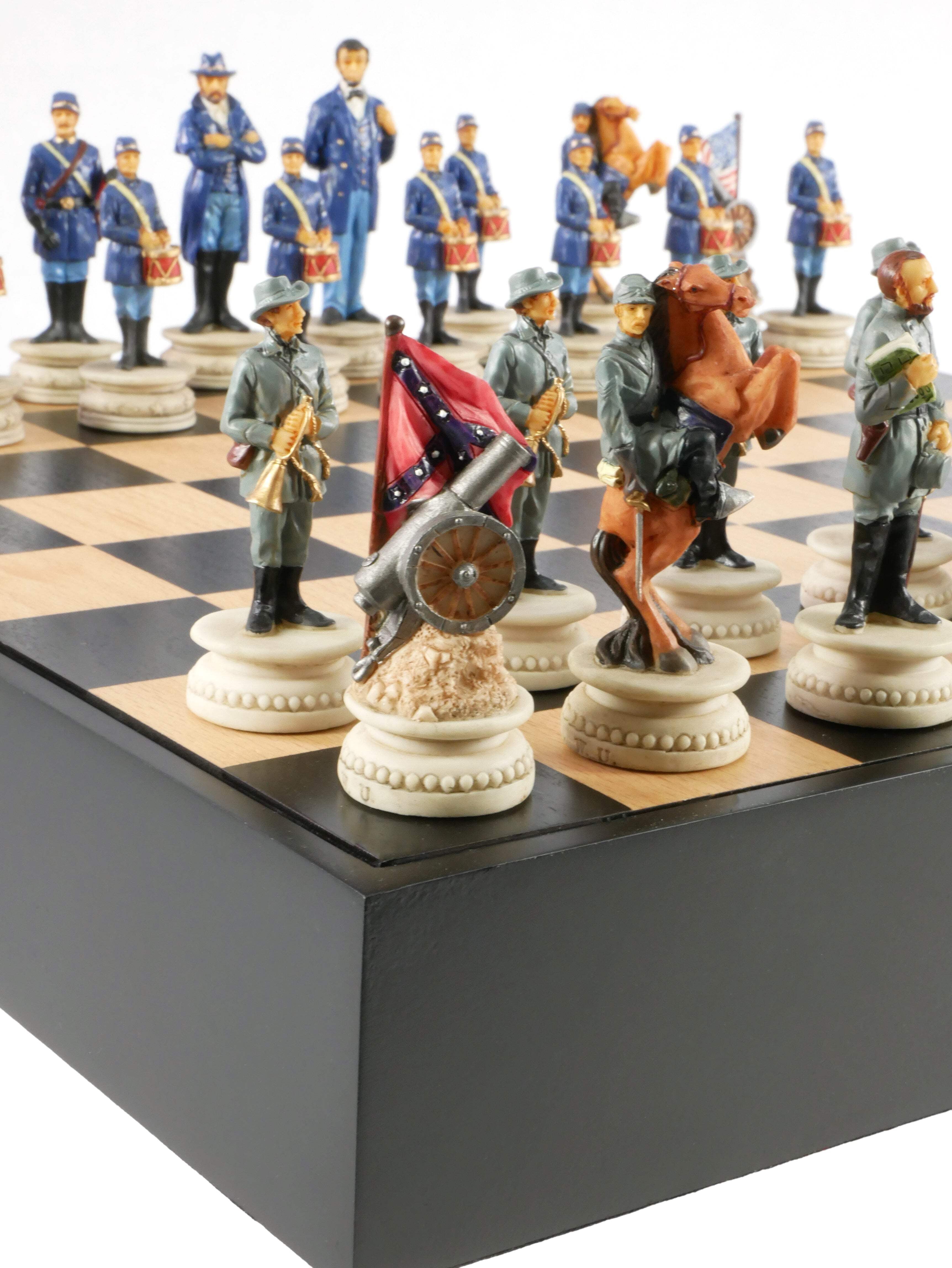 Chess Set - Civil War Resin Chessmen Generals on Black/Maple Chest