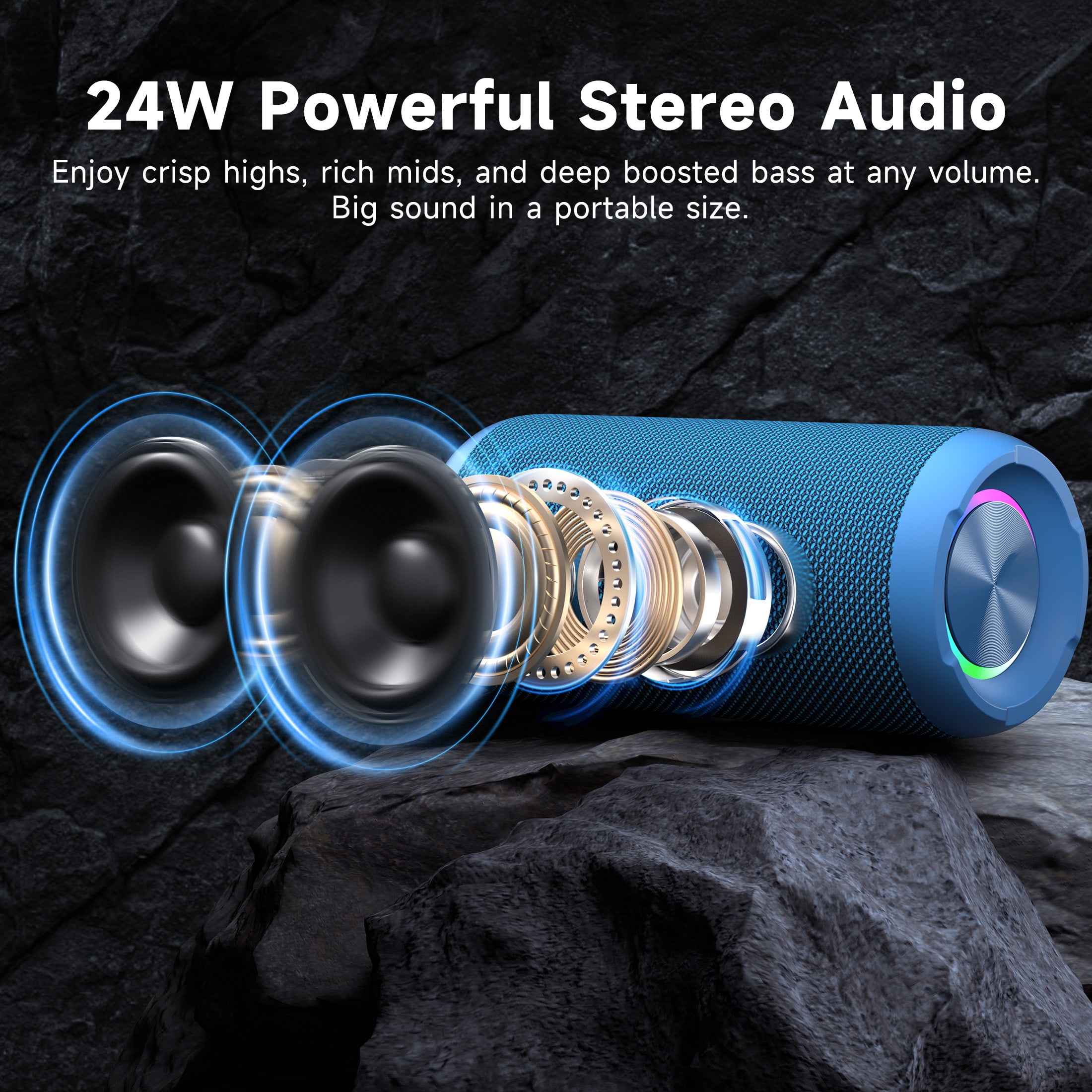 Solorage Portable Bluetooth Speaker IPX7 Waterproof, 24W Loud Sound, Deep Bass, Bluetooth 5.3, 30H Playtime, Wireless Stereo Pairing, LED Lights, for Home/Beach/Party/Outdoors-Blue
