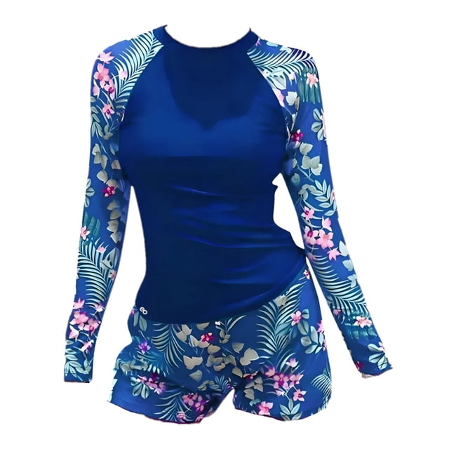 Traje De Baño Sexy De Dos Piezas De Manga Larga Para Mujer Azul Talla XL