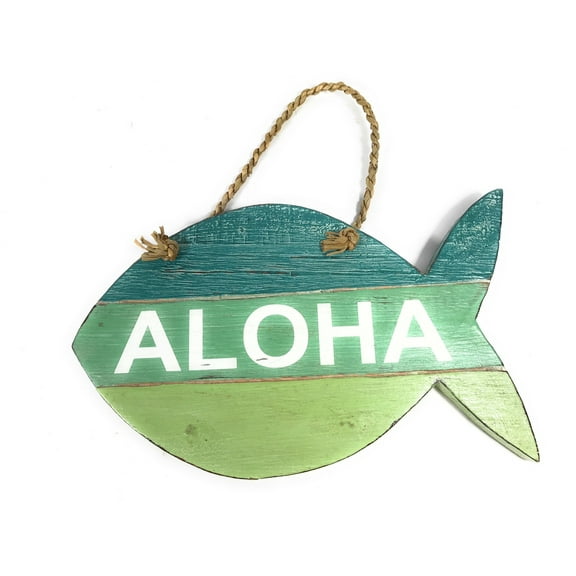 Aloha Fish Sign Beachy on Wood Planks Green 13" X 8" | #nik3219b