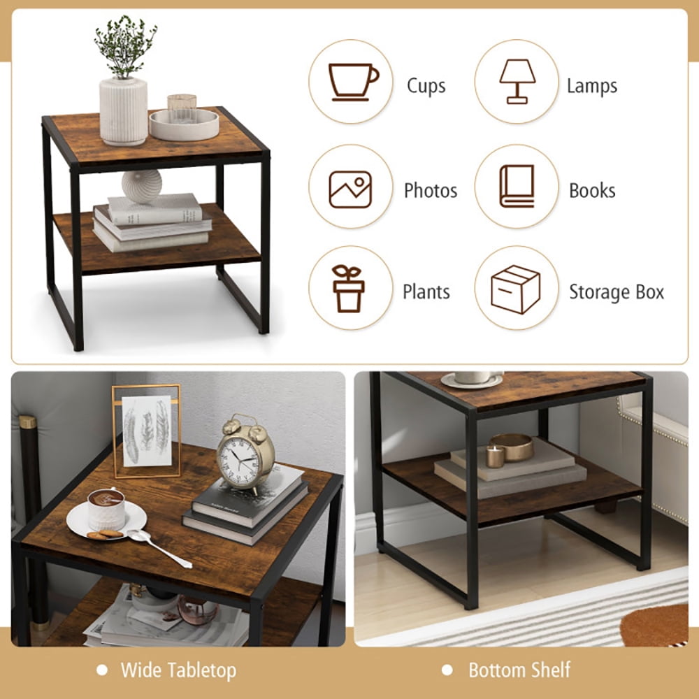 Finihen Coffee Table, Industrial Coffee Table, 2 Pieces Industrial 2-Tier Side Table Set with Open Shelf, for Living Room, Reception Room, Rustic Brown Finihen Coffee Table, Industrial Coffee Table, 2 Pieces Industrial 2-Tier Side Table Set with Open Shelf, for Living Room, Reception Room, Rustic Brown