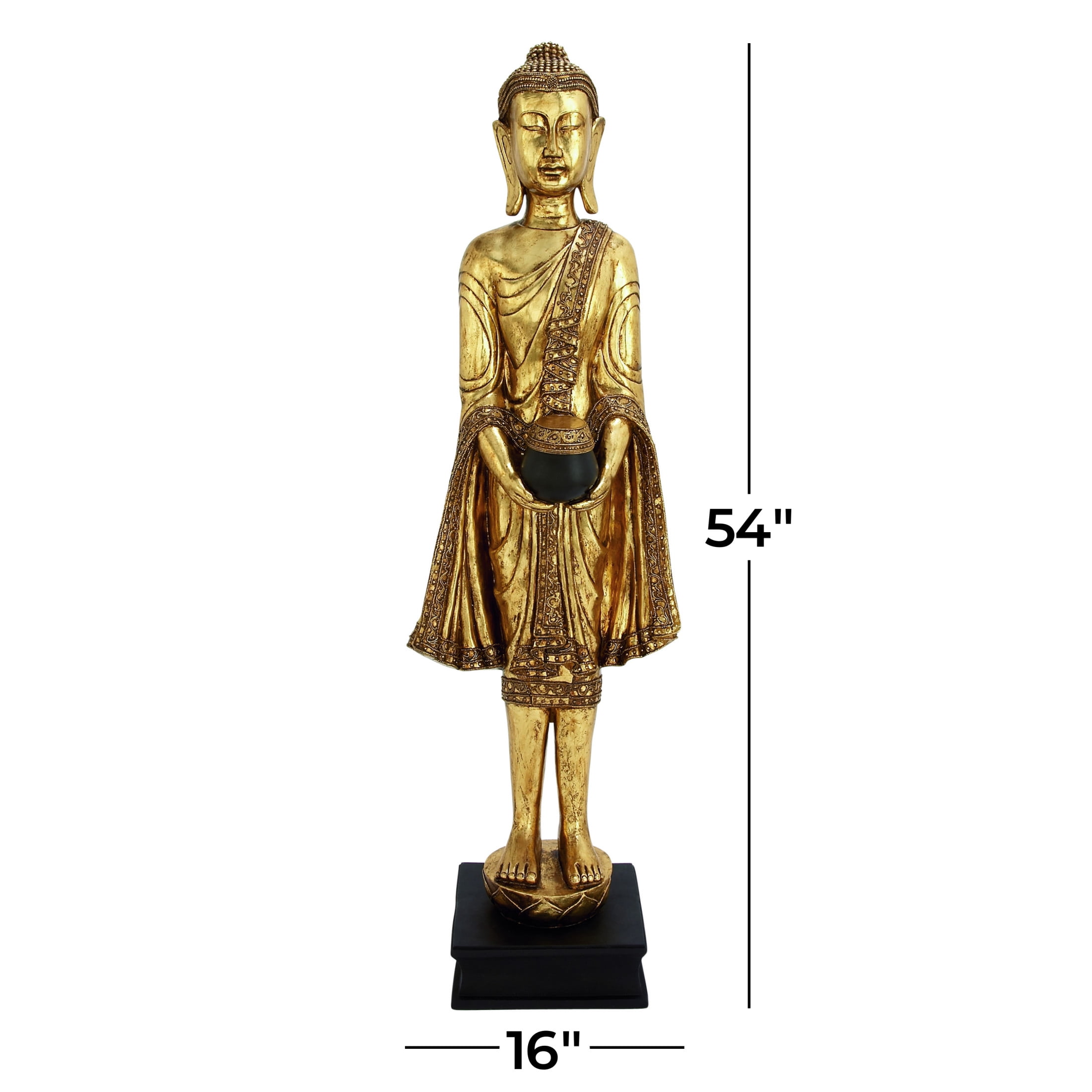16" x 54" Gold Polystone Standing Floor Buddha Sculpture with Engraved Carvings and Relief Detailing, by DecMode