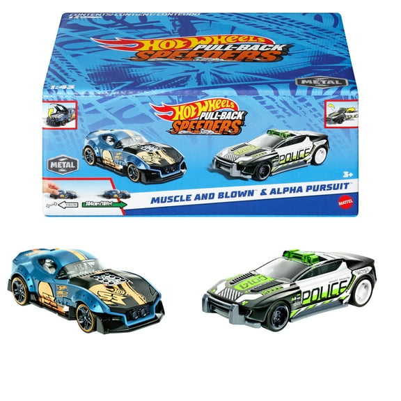 Hot Wheels Pull-Back Speeders 2 Toy Cars in 1:43 Scale, Pull Cars Backward & Release to Race