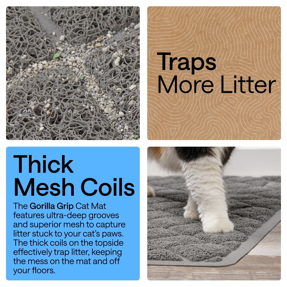 GORILLA GRIP Cat Litter Box Mat, 35x23, Water Resistant Kitty Litter Trapping Mat, Textured Backing, Easy to Clean, Less Waste and Clean Floors, Kitten Supplies for Indoor Cats, Soft on Paws, Gray