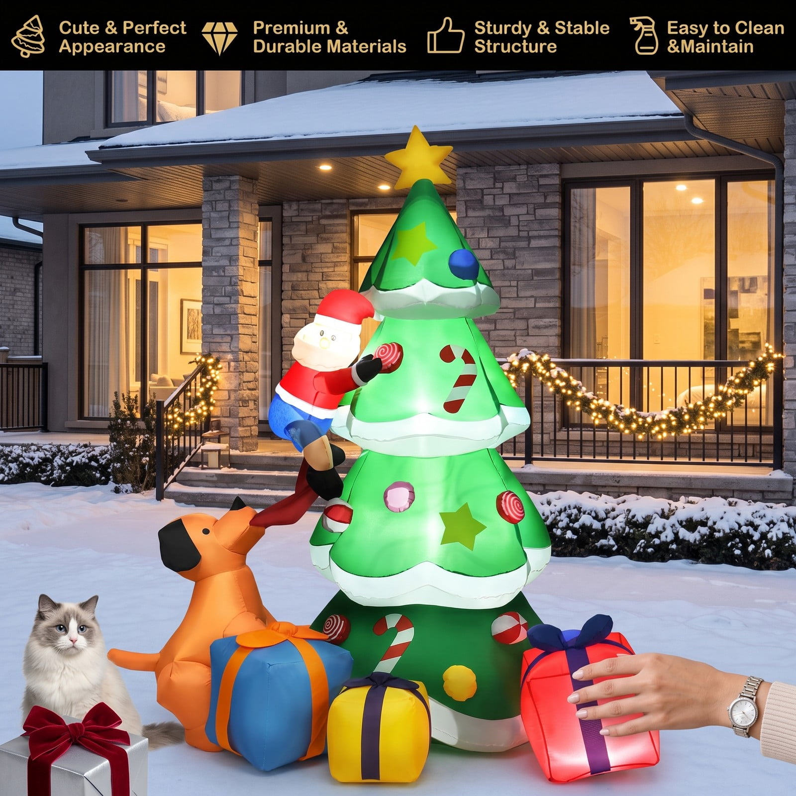 RUIE 7 FT Inflatable Christmas Tree with LED Lights, Blow Up Santa Claus Yard Decoration for Outdoor Xmas Holiday Lawn Garden Party Decor, Green