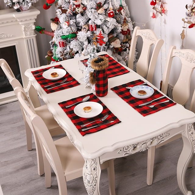 PEONAVET Table Festifs Sets de Noël, Napperons en Polyester Réversibles Rouges et à Carreaux, Décorations de Table de Salle à Manger de Noël, Napperons de Cuisine