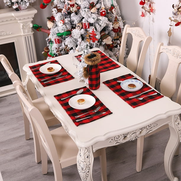 Decoraciones navideñas, manteles individuales navideños a cuadros, manteles individuales reversibles de poliéster con cuadros rojos, decoraciones navideñas para la mesa del comedor, manteles individua