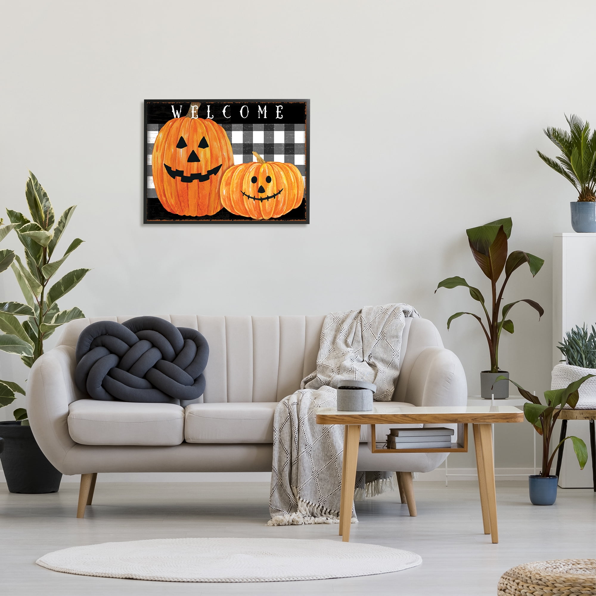 Stupell Industries Festive Halloween Welcome Sign Happy Pumpkins Black Plaid, 24 x 30, Designed by Andrea Tachiera
