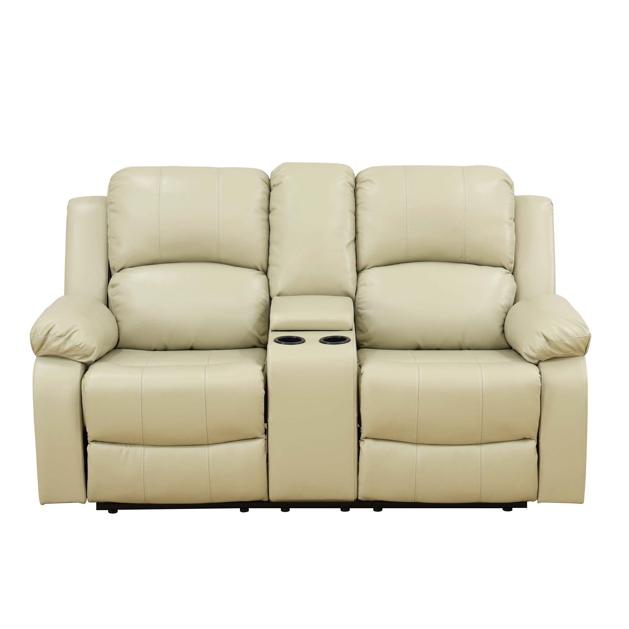 Aukfa Double Manual Recliner Chair, Overstuffed Loveseat with Cupholder for Living Room, Beige