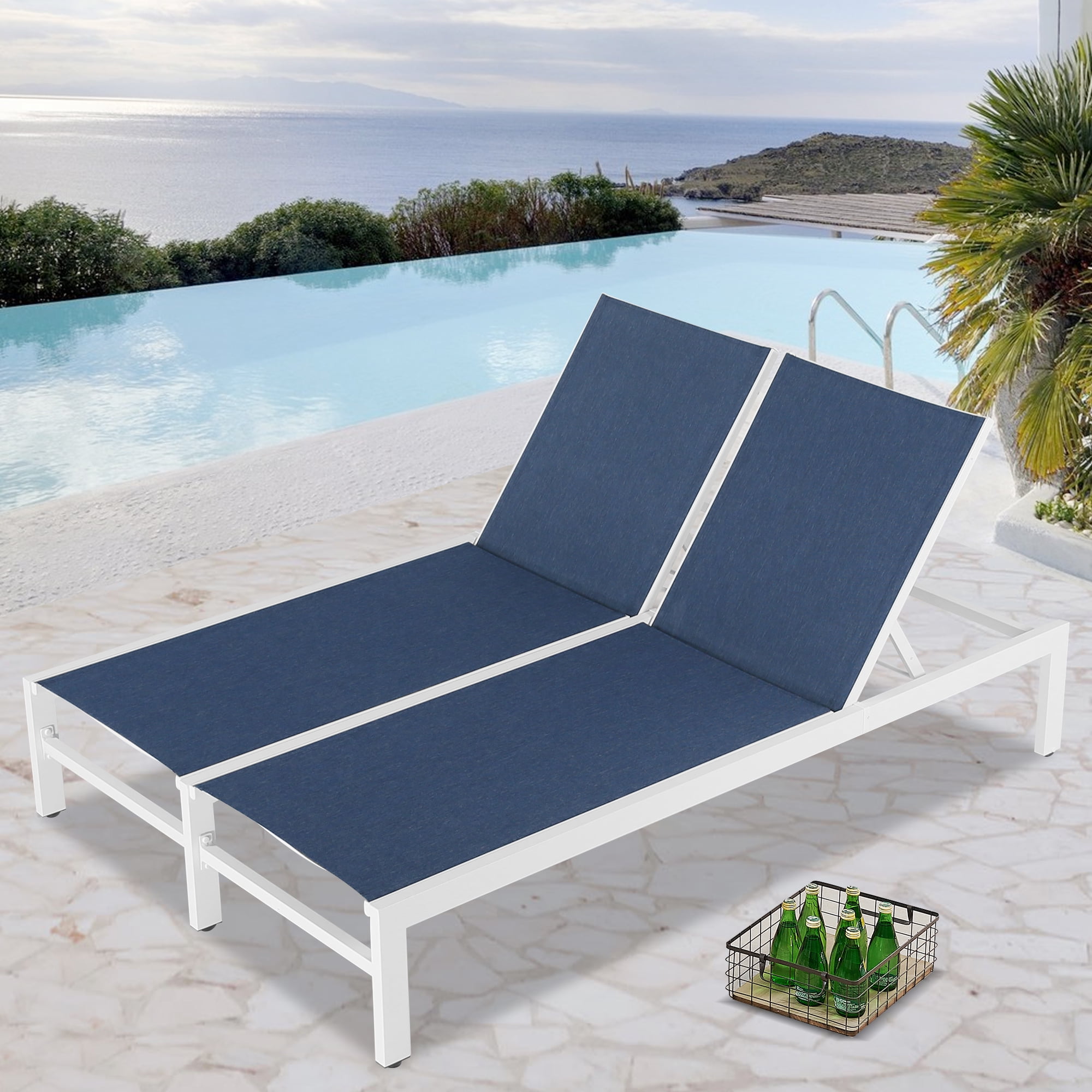 Ulax Furniture Patio Aluminum Double Chaise Lounge Outdoor Adjustable